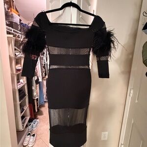 Chic Black Feathered Long Sleeve Dress